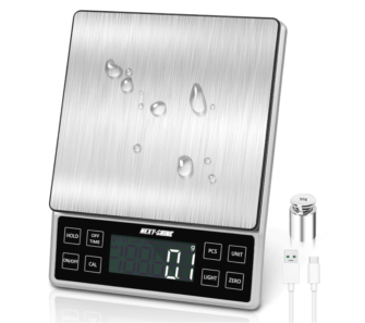 NEXT-SHINE Digital Kitchen Scale 5kg/11lb, 0.1g Precision Rechargeable Food Scales 9 Units for Baking Cooking, LCD Display Large Tray Stainless Steel Panel