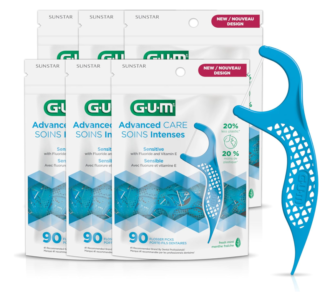 GUM Advanced Care Flosser Picks, Infused with Vitamin E & Fluroide, Fresh Mint Flavour, 6 Bags X 90ct (540 flossers), Blue