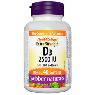 Webber Naturals Vitamin D3 2500 IU Extra Strength, 180 Softgels, For Healthy Bones, Teeth, and Helps Prevent Vitamin D Deficiency