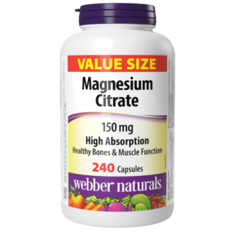 Webber Naturals Magnesium Citrate 150 mg, 240 Capsules, High Absorption Mineral, Supports Bone and Muscle Functions
