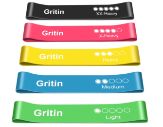 Gritin Resistance Bands, Set of 5 Skin-Friendly Resistance Fitness Exercise Loop Bands with 5 Different Strength Levels - Travel Carrying Case Included - Ideal for Home, Gym, Yoga, Training