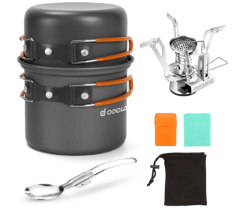 Odoland 6pcs Camping Cookware Mess Kit with Lightweight Pot, Stove, Spork and Carry Mesh Bag, Great for Backpacking Outdoor Camping Hiking and Picnic