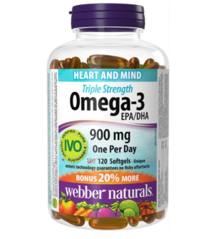 Webber Naturals Omega-3 900 mg Triple Strength, 120 Clear Enteric No Fishy Aftertaste Softgels, Supports Cardiovascular Health and Brain Function